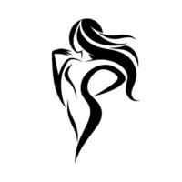 Elegant Silhouette A minimalist black and white illustration of a woman with flowing hair, in a graceful pose, emphasizing lines and curves against a stark white background. vector