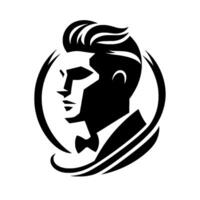 Stylized Black and White Silhouette of a Man in Formal Attire, Circular Emblem, Modern . vector
