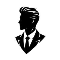 Silhouette of a stylish man in a suit, profile view, showcasing modern hairstyle and formal attire, minimalist . vector