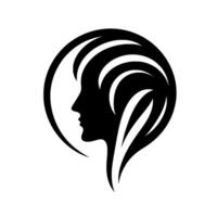 Silhouette of a Womans Profile Encased in a Circular Frame with Stylized Hair, in Black and White. vector