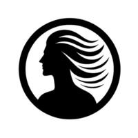 Silhouette of a Womans Profile with Flowing Hair Enclosed in a Circle, Minimalist Black and White . vector