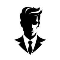 A sleek, stylized illustration of a confident man in a suit, rendered in bold black and white, featuring dramatic light and shadow. vector