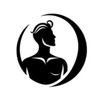 A stylized, minimalist black and white silhouette illustration featuring a muscular male torso and head within a crescent frame. vector