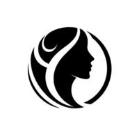 Elegant minimalist featuring a womans silhouette in profile, framed by a circular structure and flowing hair strands. vector