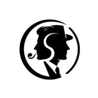 A stylized, minimalist silhouette featuring a sideprofile pairing representing a detective, with a pipe, and a man in a fedora, connected within a circular frame. vector