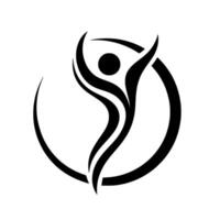 Abstract Black and White Depicting an Upward Reaching Figure Enclosed within a Stylized Circle and Crescent. vector