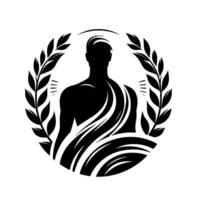 Silhouette of an Olympian athlete draped in cloth, encircled by a laurel wreath in a minimalist black and white . vector