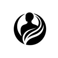 Silhouette of a person enclosed in a circular emblem with stylized waves, representing wellness, harmony, and balance, on a plain background. vector