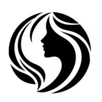 Silhouette of a womans profile with flowing hair, stylized in a minimalist blackandwhite , enclosed in a circle. vector