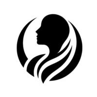 Silhouette of a womans profile within a circular , depicting flowing hair and curved shapes, presented in minimalist black and white. vector