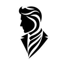 Silhouette of a stylish man in profile, wearing a suit, with a distinctive patterned hair and tie, in a modern minimal . vector