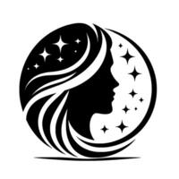 Silhouette of a womans face with flowing hair and stars in a circular monochrome . vector