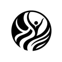 Abstract black and white circular featuring a stylized human figure with outstretched arms, surrounded by wavy elements within a sphere, conveying freedom. vector