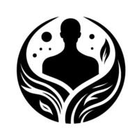 Silhouetted human form embraced by stylized leaves within an encompassing circular frame, evoking natures essence and harmony. vector