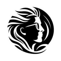 A stylized black and white profile portrait of a person with sunglasses and modern hairstyle, within a circular . vector