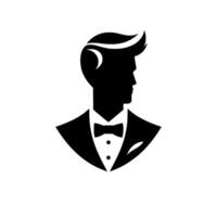 Elegant Silhouette of a Suave Gentleman in a Tuxedo, Showcasing Modern Haircut and Classic Style, with a Soft White Background vector