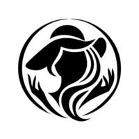 Silhouette of a woman in a hat and flowing hair, framed within a circle, embracing hands, minimal, elegant. vector