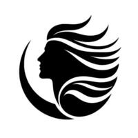 Silhouetted Womans Profile with Flowing Hair Encircled by Crescent Moon Element in Monochrome, Symbolic of Grace and Femininity. vector