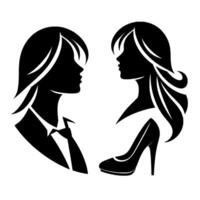 Stylized Black Silhouette Two Womens Profiles, One in a Suit, One with Flowing Hair, and a Stiletto Heel, Symbolic of Diverse Femininity. vector