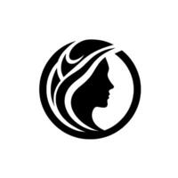 Black and white minimalist featuring a womans profile in a circle, illustrating hair and beauty concepts, clean . vector