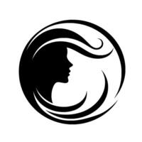 Black Silhouette of Womans Profile Surrounded by Flowing Hair Enclosed in a Circle on White Background. vector