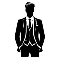 A monochrome silhouette of an elegant man in a classic suit with hands in pockets, exhibiting a confident, poised aura against a clean backdrop. vector