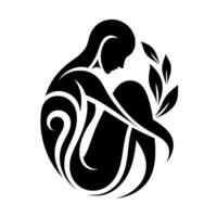 Symbolic Black Silhouette of a Contemplative Person Embracing Knees with a Branch of Leaves, Tribal Art Style vector