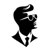 Stylish Silhouette A dapper man in a suit and tie, sporting retro sunglasses and a slickedback hairstyle, set against a stark white background. vector