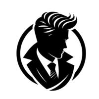 Silhouette of a sharply dressed man with stylish pompadour hairstyle, wearing a suit and tie, framed in a circle. vector