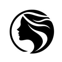 Silhouette of a Womans Profile Enclosed in a Circle with Flowing Hair, Minimalist Black and White . vector