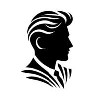 Silhouetted profile of a man in formal attire with textured, stylish hair and a minimalist aesthetic, set against a bright white background. vector
