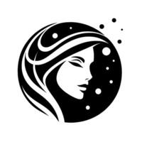 Elegant Black and White Silhouette of a Womans Face and Flowing Hair, Surrounded by a Circular Background with Dots, Evoking Serenity. vector