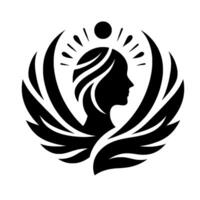 Black and White Silhouette of a Womans Profile Surrounded by Stylized Wings and a Halo Element. vector