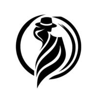 Silhouette of a mysterious woman in a hat, encircled by an abstract flowing in a bold monochrome style, evoking elegance and intrigue. vector