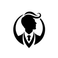 Silhouette of a sophisticated man in a suit and tie with stylized hair, framed within an abstract circular . vector