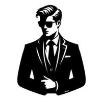 Stylish Monochrome Illustration of a Confident Man in a Suit and Sunglasses with a Finger Point. vector