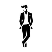Silhouetted gentleman in a stylish black suit and white shirt, hands in pockets, standing casually. vector
