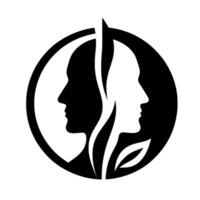 Yin and Yang Faces A stylized black and white circular featuring contrasting silhouettes of two profiles, divided by a leaf motif. vector