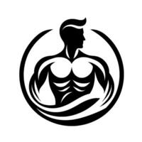 Silhouetted muscular male figure in profile, encircled within a black ring on a stark white backdrop, conveying strength. vector