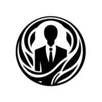 Elegant Black and White Silhouetted Business Professional Enclosed by Ornate, LeafLike Swirls within a Circular Frame. vector