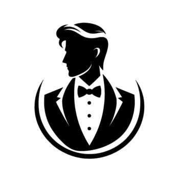 Silhouette of a dapper gentleman in a tuxedo, hair styled, bow tie, in a circular, elegant and minimalistic monochrome . vector