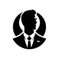 Silhouette of a sophisticated man in a suit, with a black outline and white background, presented with a strong profile and circular element. vector