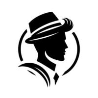 Elegant Silhouette A Black and White Depicting a Man in a Fedora within a Circular Frame, Refined and Stylish. vector