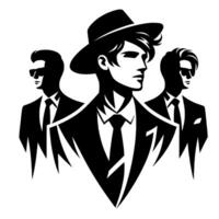 Monochrome Illustration Three Stylish Men in Suits, Featuring a Hat, Sunglasses, and a Minimalist , Emanating Confidence. vector