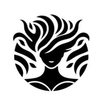 A minimalist black and white featuring a womans silhouette with flowing hair, within a circular frame, evoking a sense of nature and elegance. vector