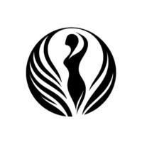 elegante negro silueta de un mujer con elevado brazos, rodeado por pluma formas, en minimalista estilo. vector