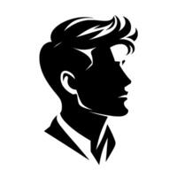Silhouette of a stylish man in profile, featuring a sharp haircut and formal attire, depicted in a bold black and white . vector