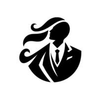 Silhouette of a person in a suit with flowing hair, minimalist black and white , elegant and stylized on a white background. vector