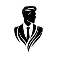 Sleek Black Silhouette of a Suave Man in a Suit and Tie, Facing Right with Detailed Hair and Abstract Coat vector