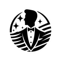 Elegant black and white of a man in formal attire, encircled by stars and stylized elements, exuding sophistication. vector